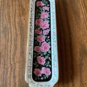 Neiman Marcus 9” rose floral ceramic letter opener holder olive trinket dish Vtg